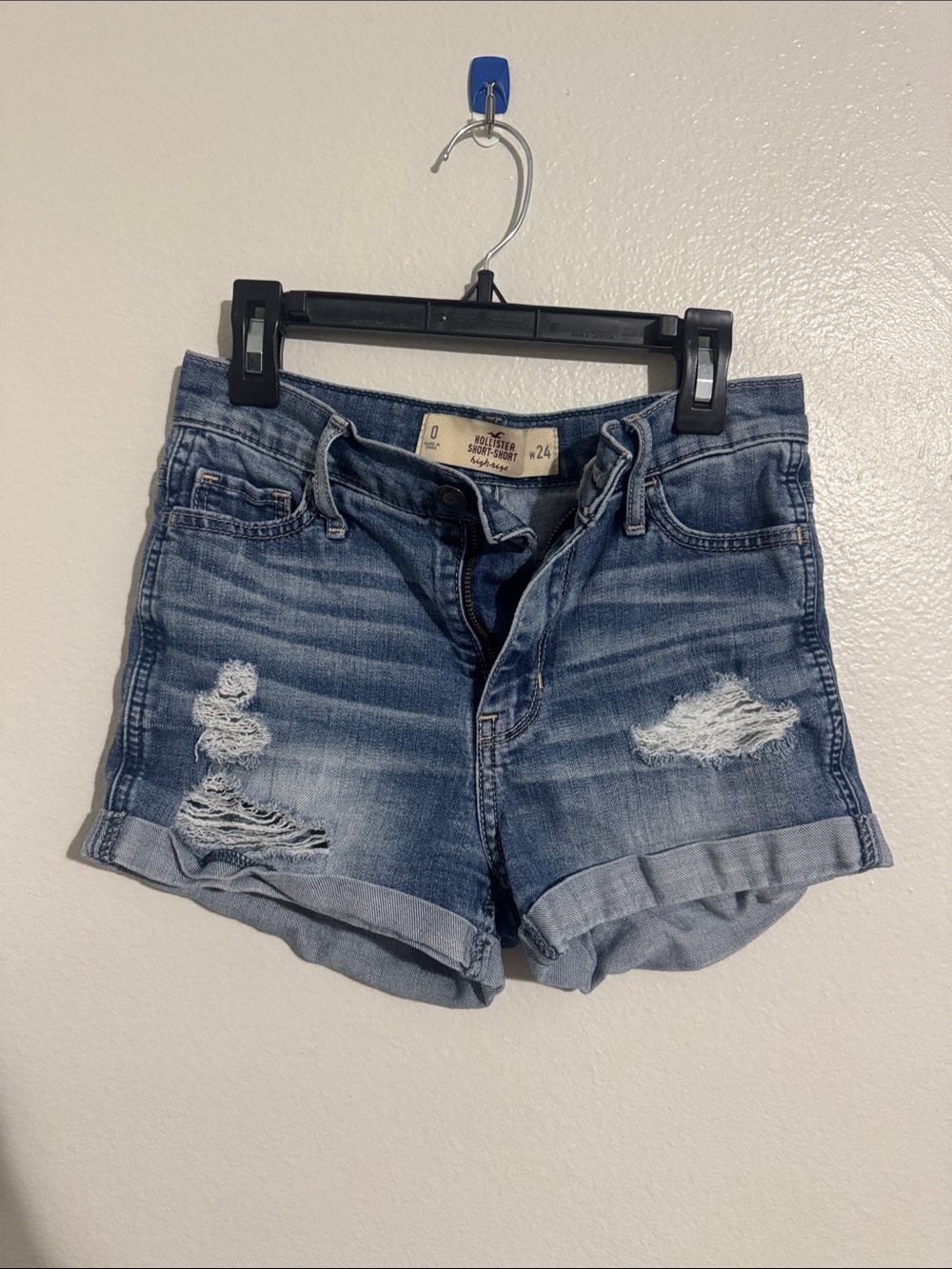 Hollister Medium Blue Distressed Roll-Cuff Denim Shorts